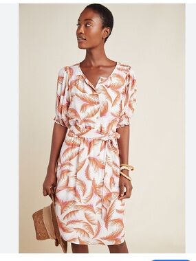 Anthropologie Nicole Cream Linen Blend Midi Dress with Leaf Motif